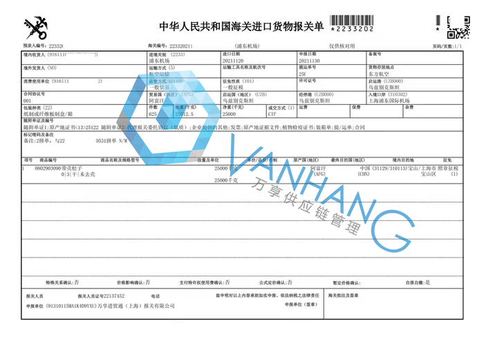 阿富汗松子進口報關流程 阿富汗松子進口報關流程